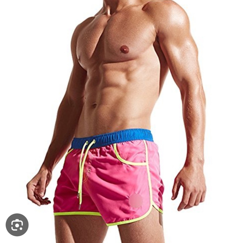 LETSQK Hot Pink & Neon Yellow Drawstring‎ Quick Dry Sexy Men’s Swim Trunks M